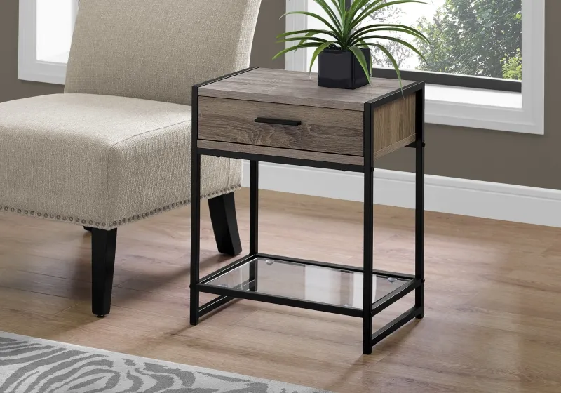 Monarch 22" Modern Compact End Table Night Stand with Storage Drawer - Dark Taupe Wood Grain-Look / Black Metal Base
