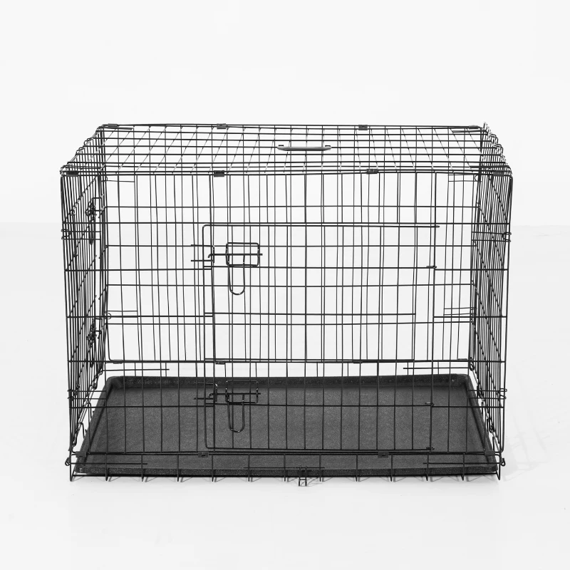 PawHut 30"x21"x22" Double Door Folding Metal Dog Crate w/ Plastic Tray