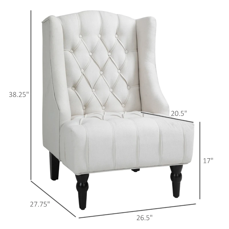 HOMCOM Linen Fabric Button Tufted Wingback Accent Chair with Thick Padded Cushioned Seats and Wooden Legs for Living Room and Bedroom, Beige