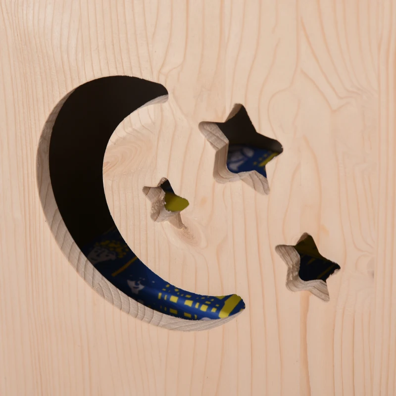 Outsunny Wooden Kids Kitchen with Pots and Pans, Storage Shelf Cabinet, Side Hanger, Sun, Moon, Star Pattern for 3+