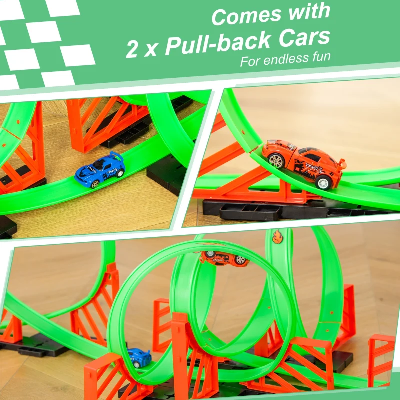 Qaba Race Track Set Track Builder Loop Kit Criss Cross Track Set Starter Kit with Pull-back Cars for 3-6 years old Boys and Girls Green