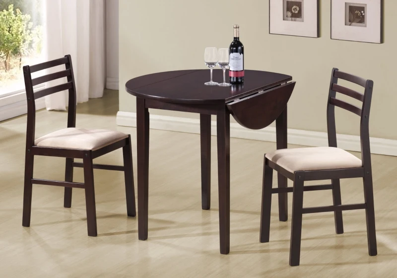 Monarch 3 Piece 36" Round Wooden Drop Leaf Table and Chairs Dining Set - Cappuccino Brown / Beige
