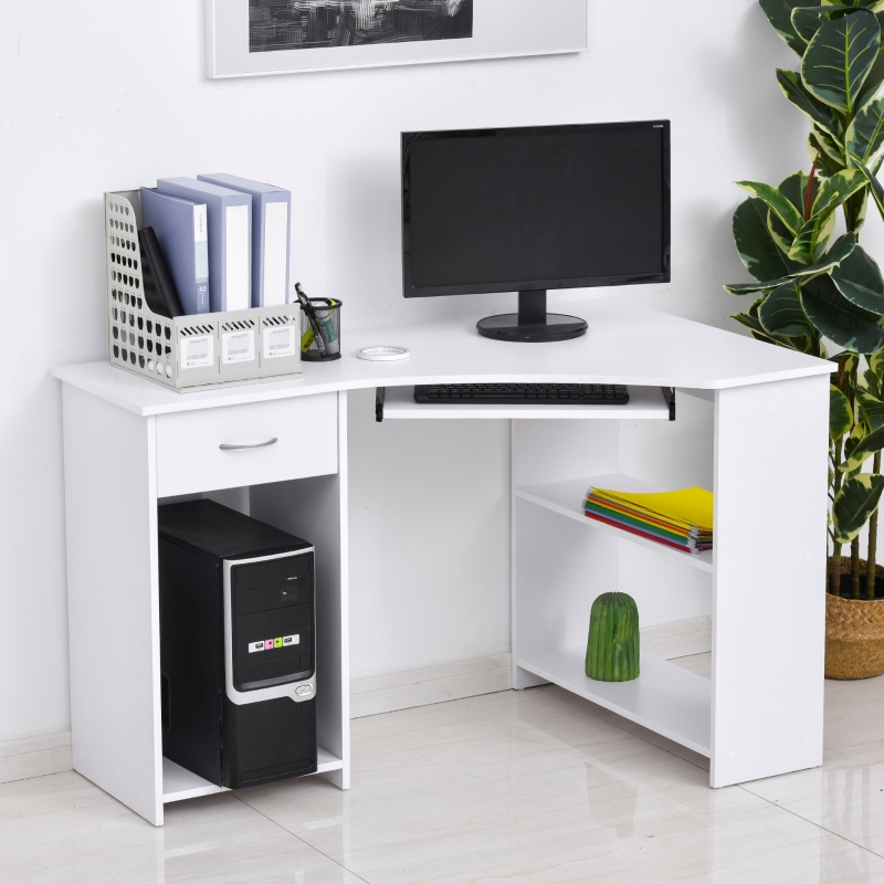 HOMCOM L-Shaped Corner Computer Desk with 2 Shelves Keyboard Tray Drawer CPU Stand Home Office Study Writing Table White