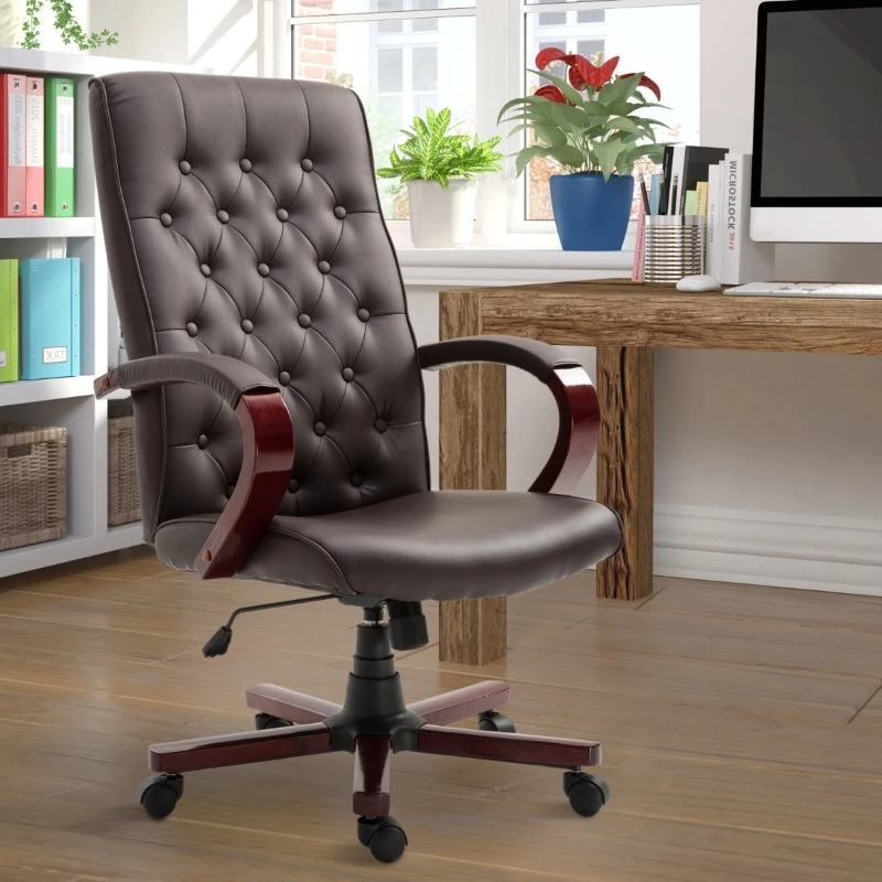 Vinsetto High Back Faux Leather Office Chair with Button Tufted Design, Executive Computer Desk Chair with Solid Wood Feet and Arms, Brown