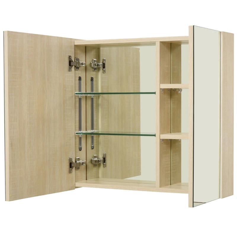 Kleankin 26" x 24" Wall Mounted Wood Durable Bathroom Mirror Cabinet Medicine Cabinet with Door Adjustable Shelves - Oak