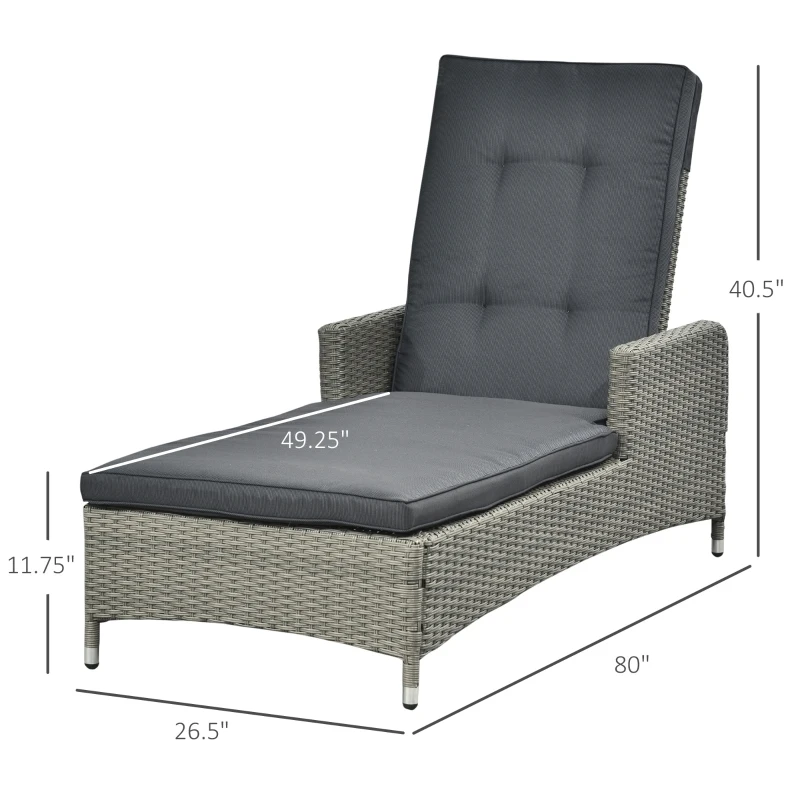 Outsunny Patio PE Rattan Wicker Chaise Lounge Chair Outdoor 5-Position Adjustable Recliner Lounge Furniture w/ Cushion for Garden Poolside Balcony Deep Grey