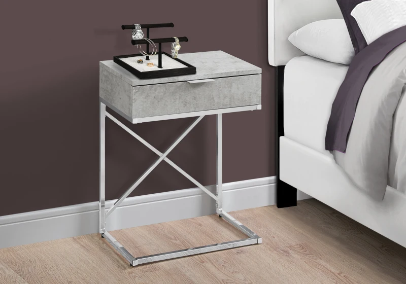 Monarch 24" Contemporary End Table Night Stand with Large Storage Drawer and Metal X-Design Frame - Grey Cement / Chrome Base