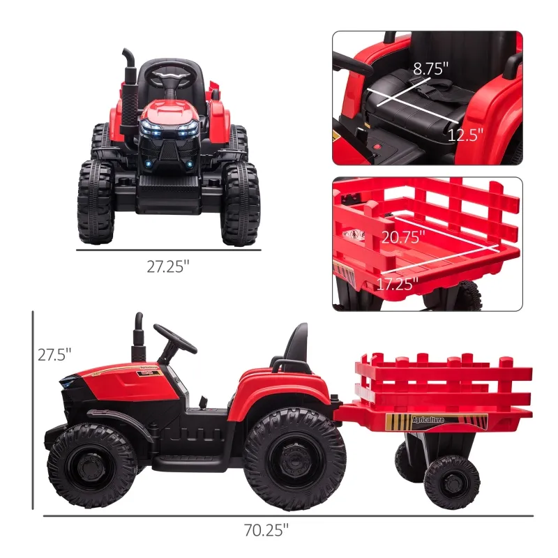 Aosom 12V Kids Ride On Tractor, Extra Large Kids Electric Battery Powered Car Toy with Back Trailer, Adjustable Speed, and LED Headlights, Red