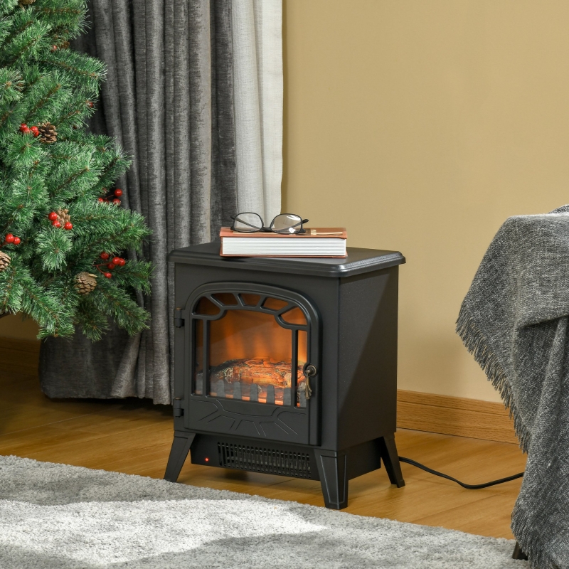 HOMCOM Freestanding Electric Fireplace Stove Heater with Realistic Flame Effect, Overheat Protection, 750W/1500W, Black