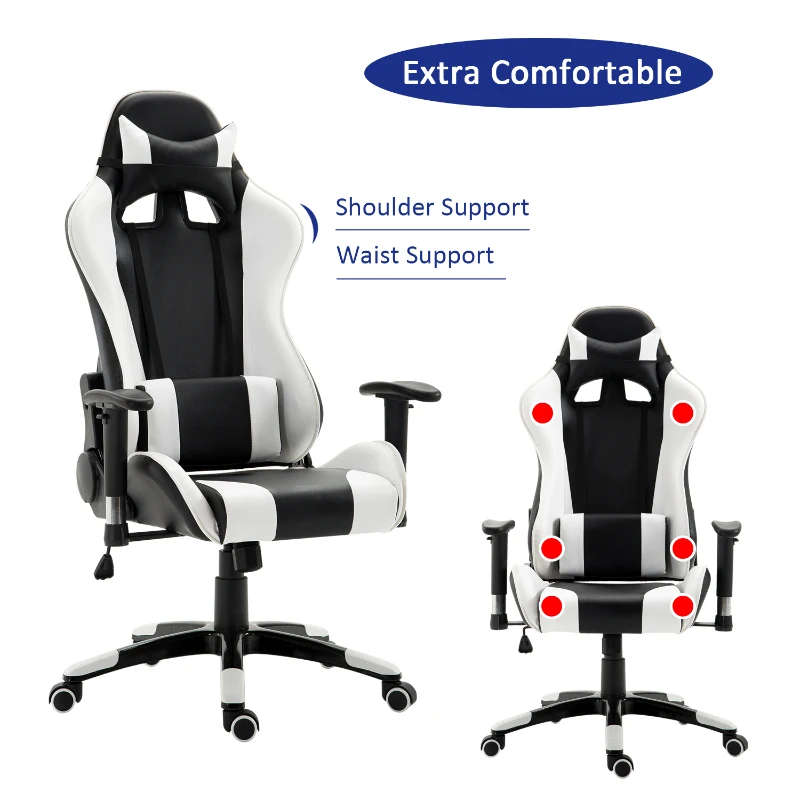 HOMCOM Executive Racecar Style Office Chair Gaming Recliner Swivel Adjustable PU Padded Home Office White