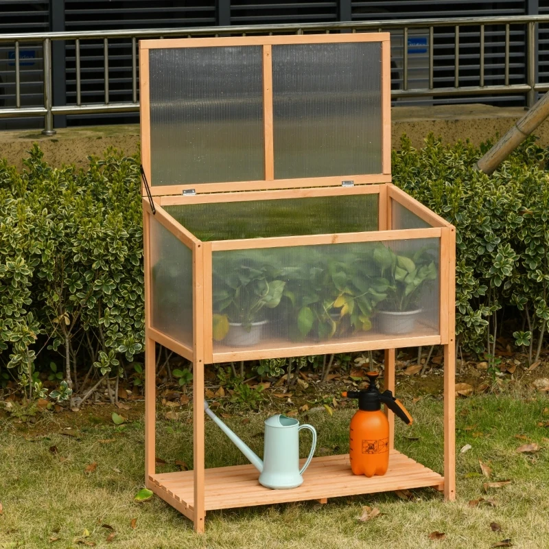 Outsunny Wooden Cold Frame Greenhouse Flower Planter Raised Potted Plant Protection Box with Openable Top & Detachable Shelf, 36" x 20" x 41"
