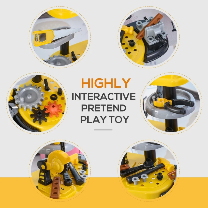 Qaba Play Toy Workbench for Kids 64 Pieces Tools Plus Case Storage Shelf  Construction Tool Accessories Playset Construction Pretend Play Toy Kit Yellow Grey