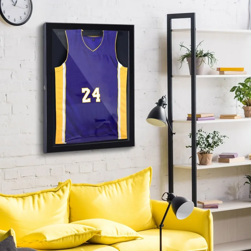 HOMCOM 32" x 24" Wooden Wall Mounted Jersey Memorabilia Shadow Box Display Case with Latch - Black