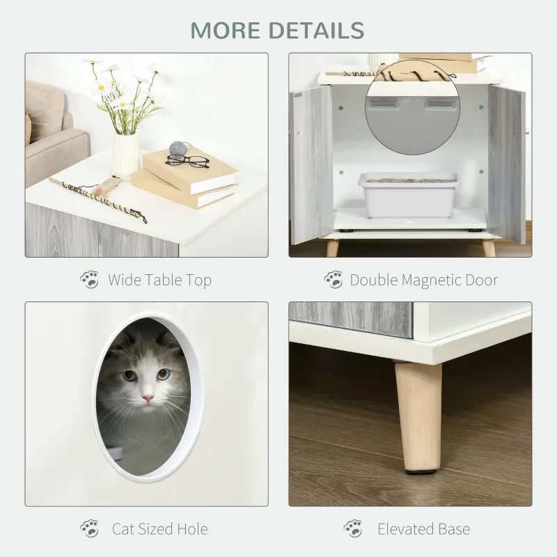 PawHut Cat Litter Box Enclosure Washroom Cave House Decorative End Table Wooden Cabinet Indoor with Magnetic Door Slide-out Board White