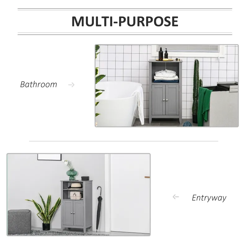 kleankin Bathroom Floor Cabinet, Freestanding Bathroom Storage Cabinet with 2 Open Shelves, Double Doors and 2 Adjustable Shelves, Small Cabinet for Bathroom, Washroom, Gray