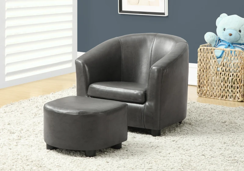Monarch Kids' Upholstered Leather-Look Barrel Club Chair with Matching Ottoman - Charcoal Grey