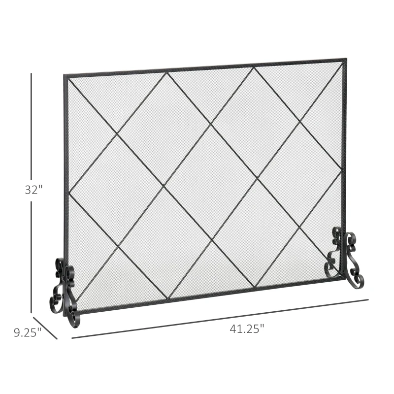 HOMCOM 41x32in Single Panel Fireplace Screen, Steel Mesh Fire Spark Guard Cover Art Modern Decoration for Living Room, Black