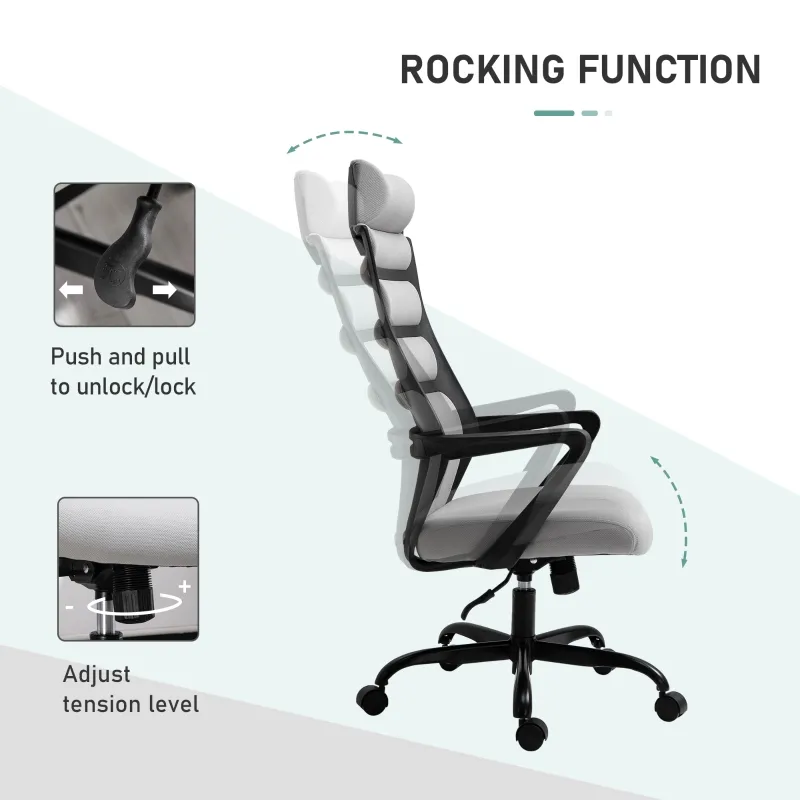 Vinsetto High Back Ergonomic Home Office Desk Chair with Spandex Fabric, Computer Task Chair with Ladder Back, Thick Padding and 360 Swivel Wheels, Grey