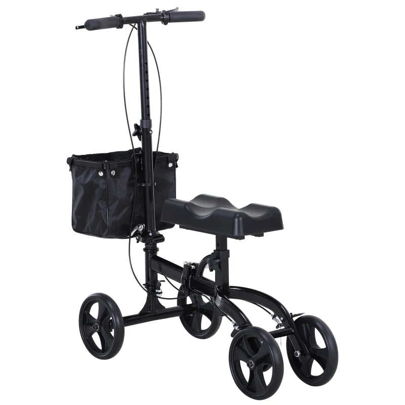 HOMCOM Medical Foldable Steerable Leg Knee Walker Scooter with Basket Attachment - Black