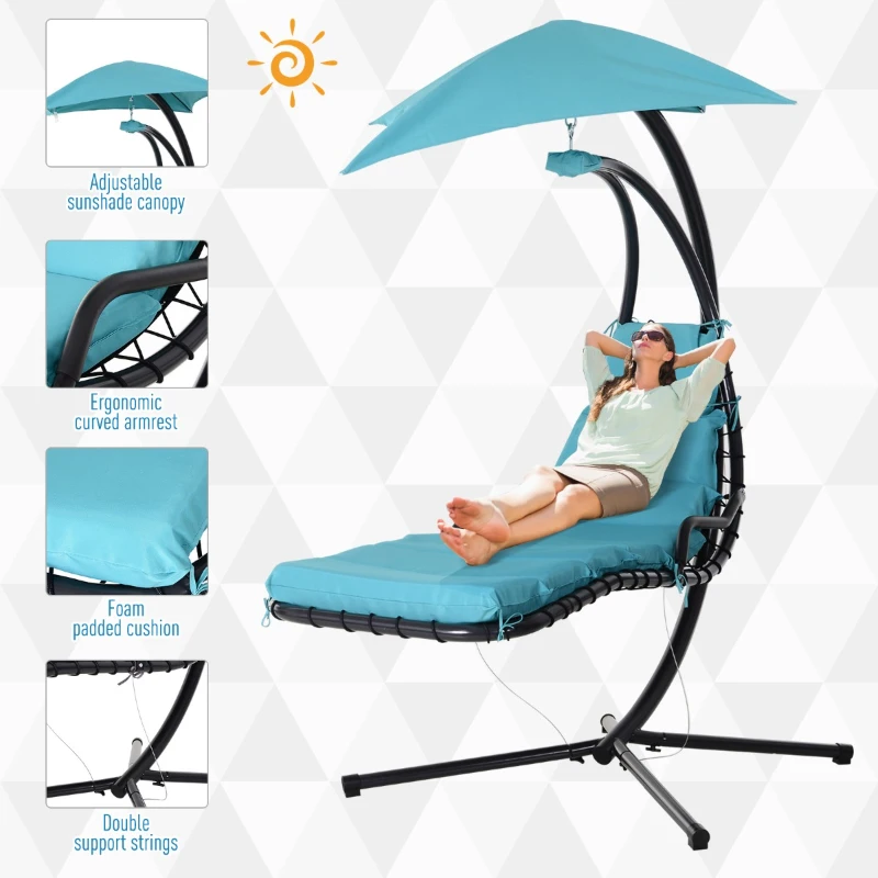 Outsunny Single Floating Chaise Lounge Curved Outdoor Porch Swing Chair Hanging Hammock Reclining Seat w/Arc Stand & Canopy Blue