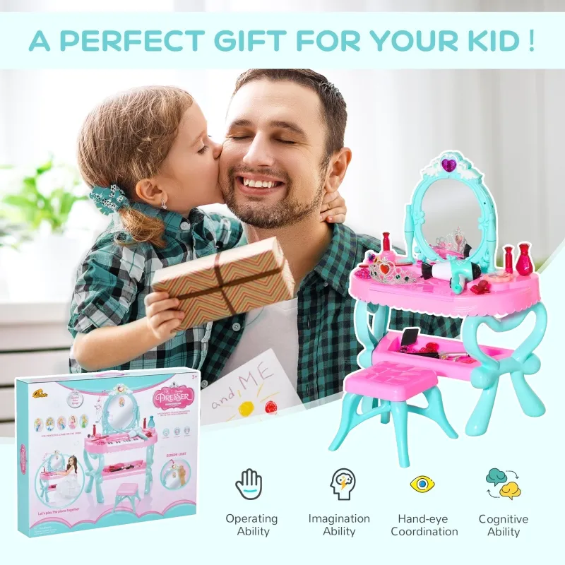 Qaba 2 In 1 Musical Piano Kids Dressing Table Set, 32 PCS Vanity Make Up Desk, Magic Glamour Princess Mirror, w/ Beauty Kit, Mirror, Stool, Light, Hair Dryer, for 3-6 Years Old, Pink, Blue