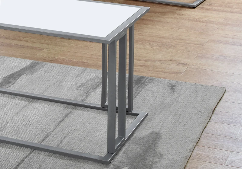 Monarch 3 Piece Modern Minimalist Smooth Laminate Coffee Table / Two Matching End Tables Set - White / Silver Metal