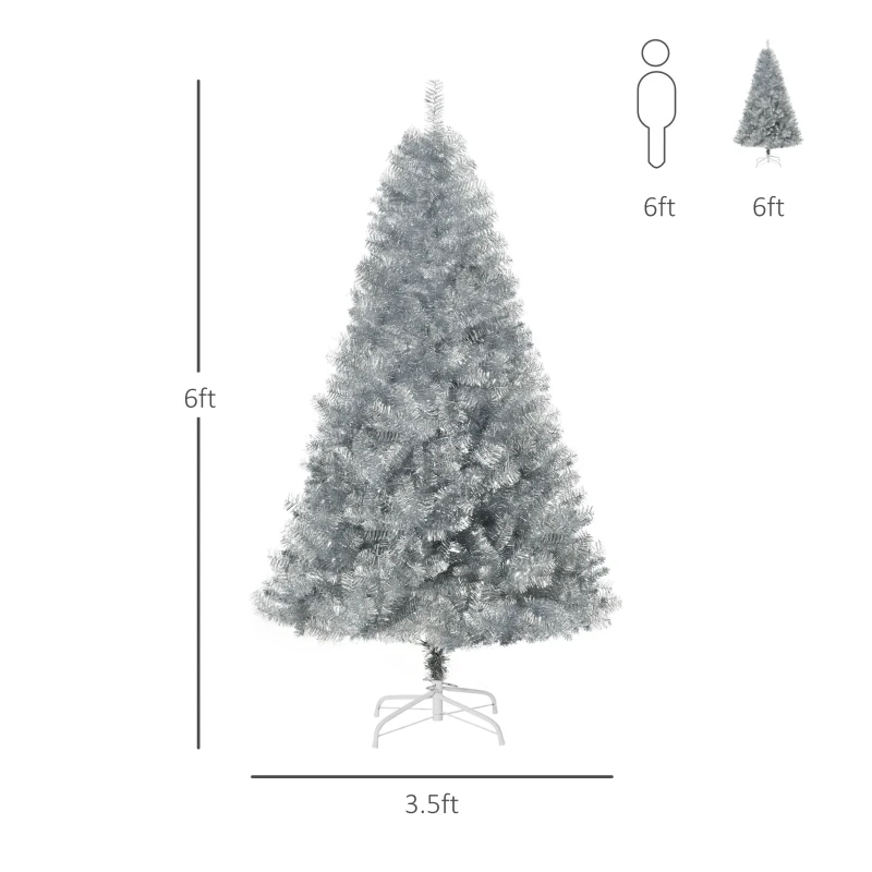 HOMCOM 6ft Unlit Full Pine Artificial Christmas Tree with Realistic Branches, Fake Holiday Tree with 1000 Tips, Silver