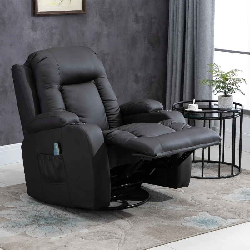 HOMCOM Luxury Faux Leather Heated Vibrating 8 Point Massage Recliner Chair with 360 Swivel and Remote, Dark Brown