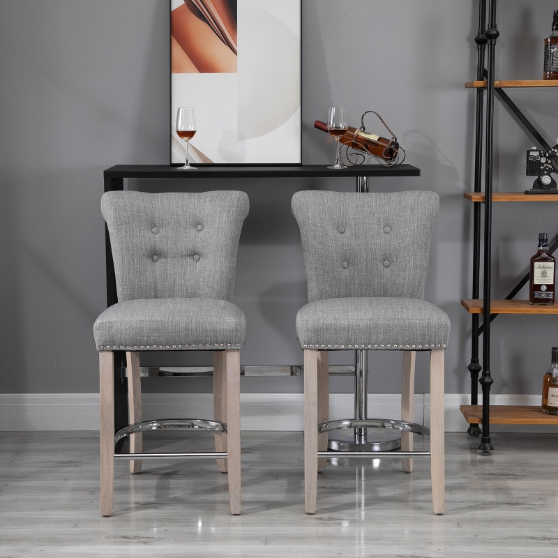 HOMCOM Set of 2 Counter Bar Stools Dining Chair with Footrest and Solid Wood Leg, Grey