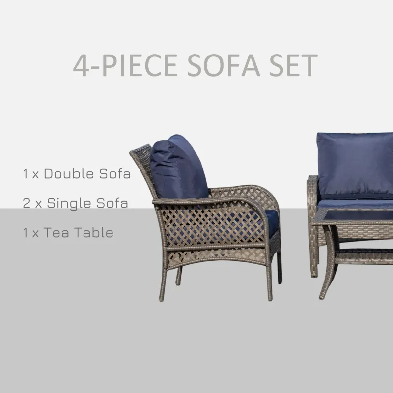 Outsunny 4-Piece Outdoor Wicker Sofa Set, Outdoor PE Rattan Conversation Furniture with 4 Chairs & Table, Water-Fighting Material, Blue
