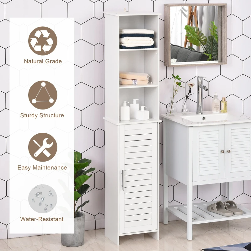 kleankin Tall Bathroom Floor Cabinet, Freestanding Linen Tower with Adjustable Shelf and Cupboard, Narrow Side Storage Organizer, White