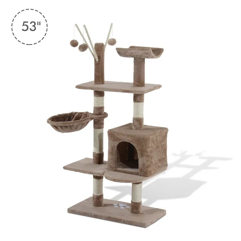 PawHut 53" Multi-Level Scratching Cat Tree Play House with Two Condos and Toys Light Brown