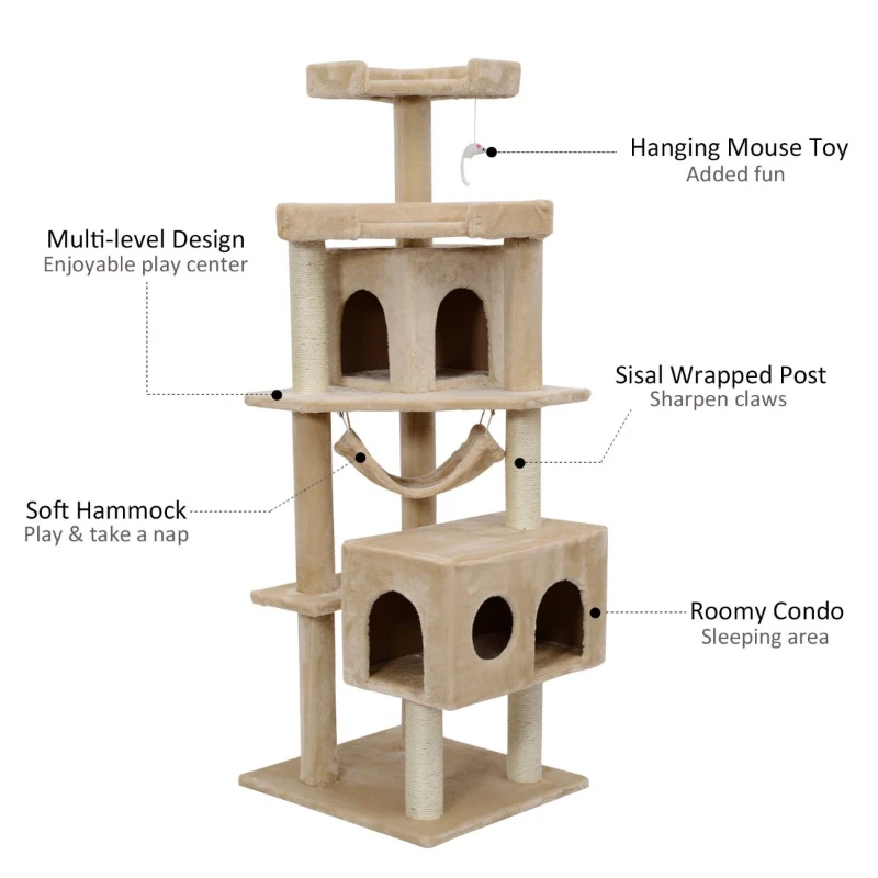 Pawhut 65.2 Inch Cat Tree Scratching Post Pet Furniture with Condo, Hammock, Toy - Beige