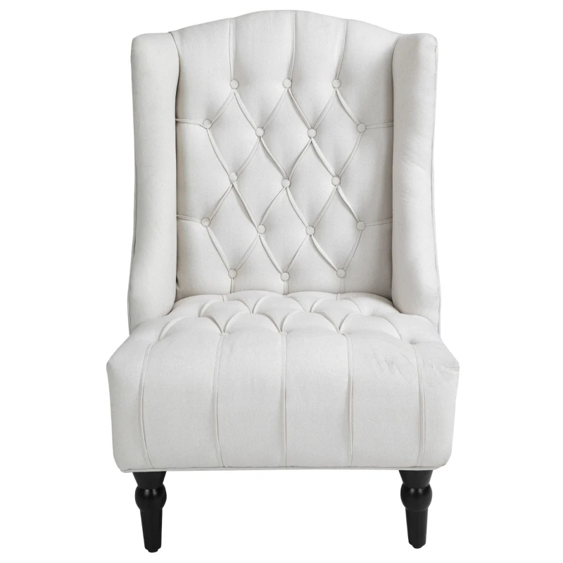 HOMCOM Linen Fabric Button Tufted Wingback Accent Chair with Thick Padded Cushioned Seats and Wooden Legs for Living Room and Bedroom, Beige