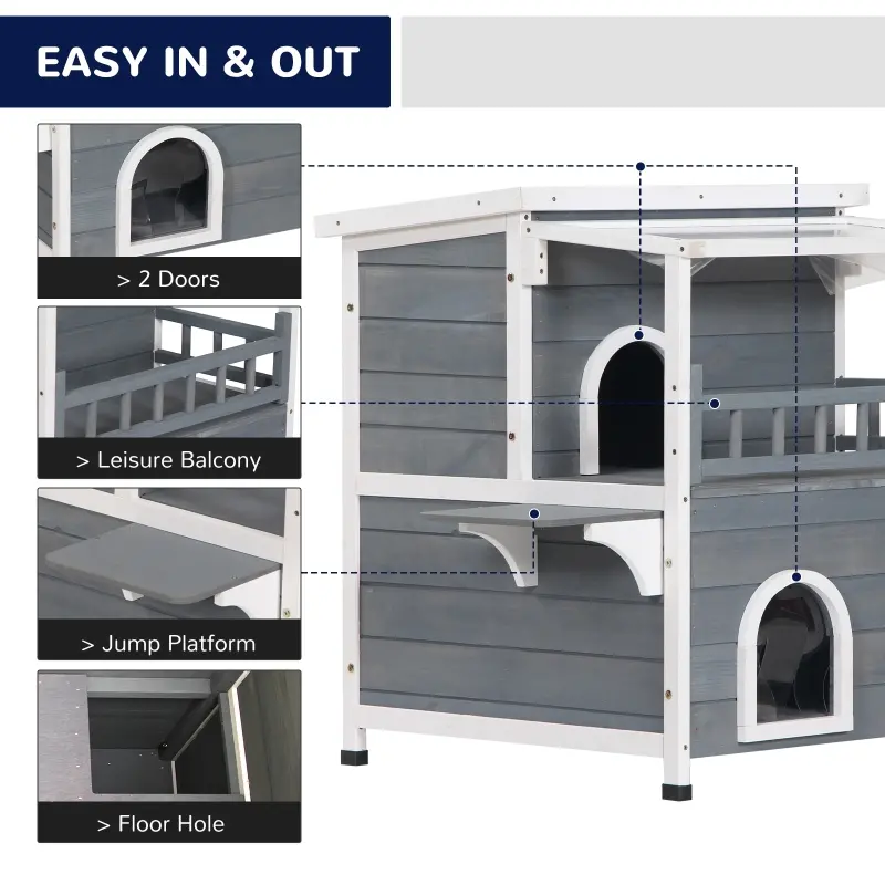PawHut 2-Story Wooden Cat House Feral Cat Shelter with Transparent PVC Canopy, Balcony, Escape Door and Openable Weatherproof Roof for Outdoor, Grey