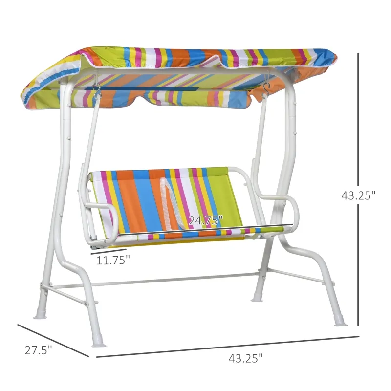Outsunny Kids Porch Swing, Outdoor 2-Seat Children Patio Chair, Toddler Glider with Adjustable Canopy, Seat Belt for Garden Backyard Colorful Stripes