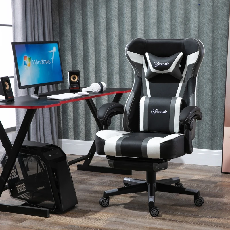 Vinsetto High Back Gaming Chair, Racing Style Ergonomic Computer Desk Chair with Adjustable Height, Retractable Footrest, Headrest and Lumbar Support, Grey
