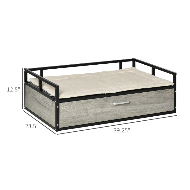 PawHut Elevated Dog Bed, Furniture Style Pet Sofa Couch, Soft Modern Puppy Lounger with Storage Drawer, Cushion, for Medium-sized Animals, Grey