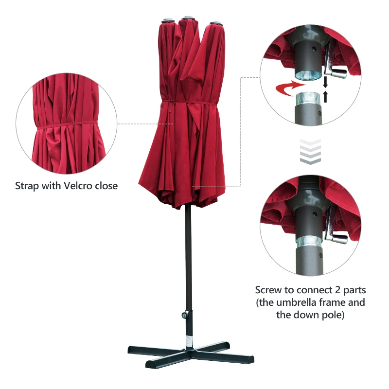 Outsunny 15ft Outdoor Twin Patio Umbrella Garden Double-Sided Market Parasol Sun Shelter with Crank Wine Red