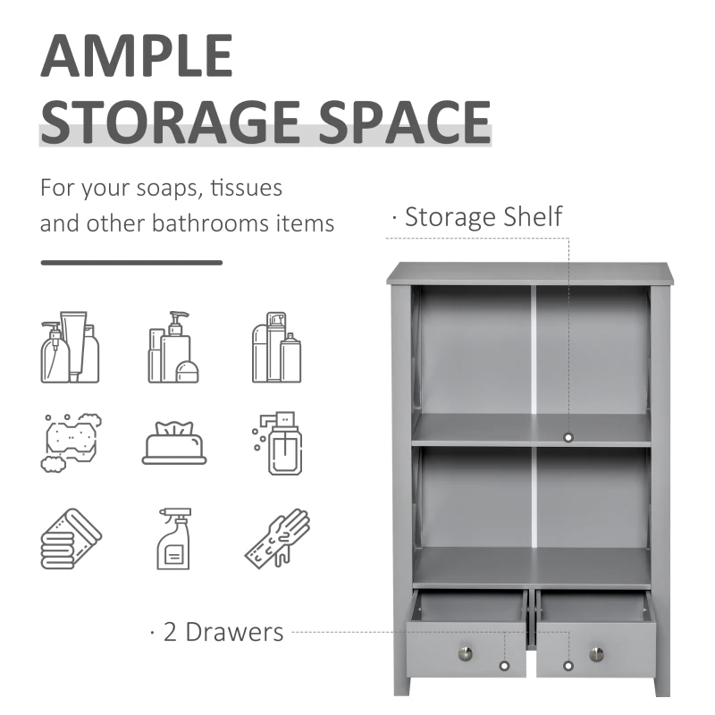kleankin X- Frame Freestanding Floor Bathroom Storage with Two Drawers, Storage Organizer, Cabinet with 3 Shelves, Gray