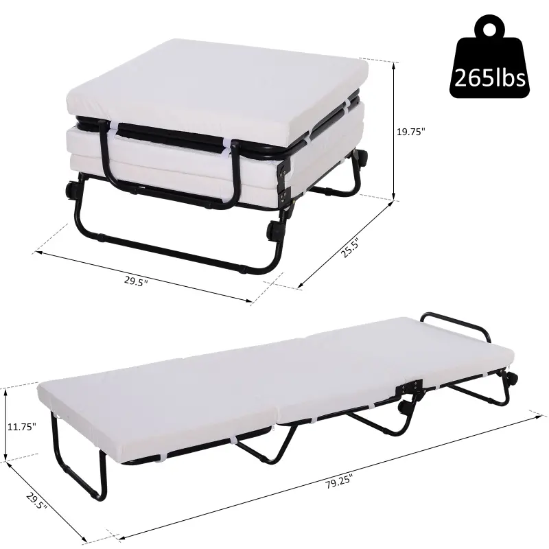 HOMCOM Portable Folding Bed, Single Guest Bed Convertible Sleeper with Wheels, Mattress with Frame, Grey
