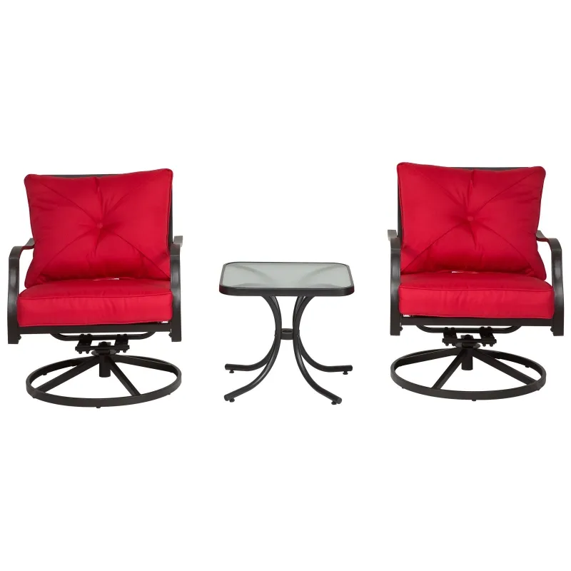 Outsunny 3pcs Outdoor 360° Swivel Metal Rocking Chair with Toughened Glass Coffee Table Set Garden Rocker & Tea Table Set w/ Cushion Red