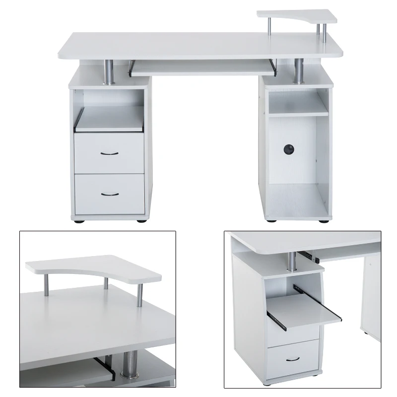 HOMCOM Multi-Function Computer Desk Home Office Workstation with Sliding Keyboard Tray, Elevated Shelf, Drawers and CPU Stand, White