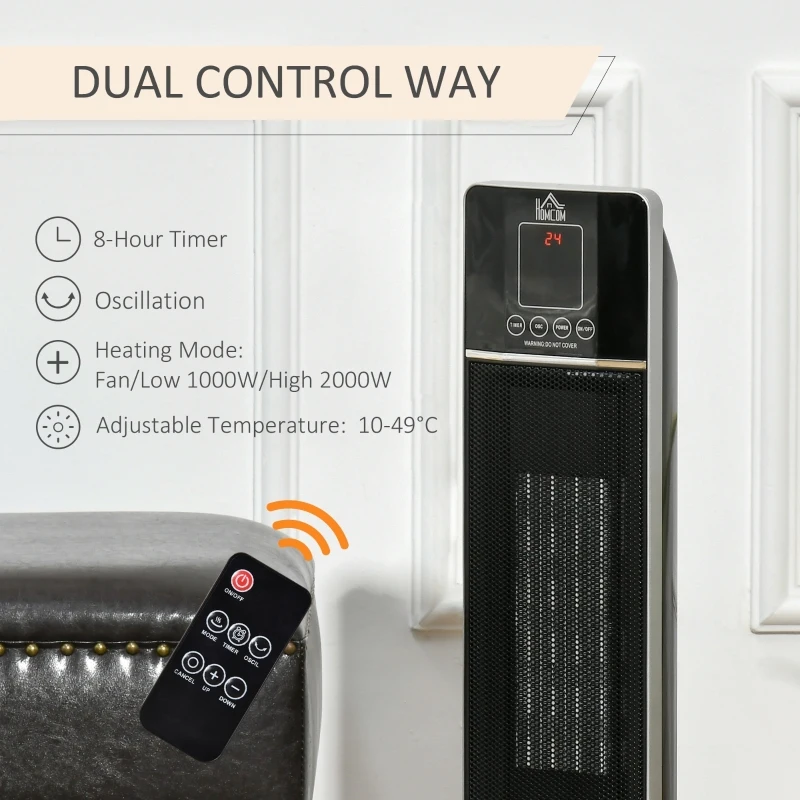 HOMCOM Compatible for HOMCOM Ceramic Tower Heater, Oscillating Space Heater with Remote Control, 8h Timer, Tip-Over and Overheat Protection for Home and Office, 750W/1500W, Black HOMCOM 820-250V81