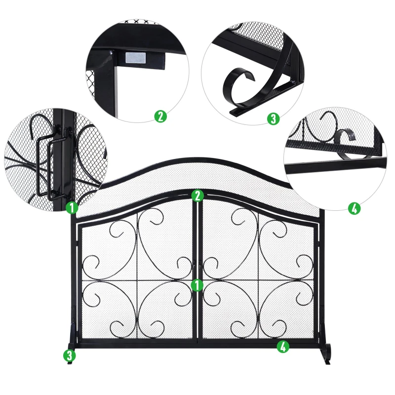 HOMCOM Fireplace Mesh Screen with Hinged Magnetic Doors and Standing Decorative Scrollwork
