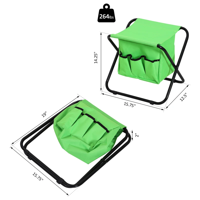 Outsunny Heavy Duty Folding Lightweight Stool Chair w/ Tool Bags and 3 Tools Garden Outdoor  Green