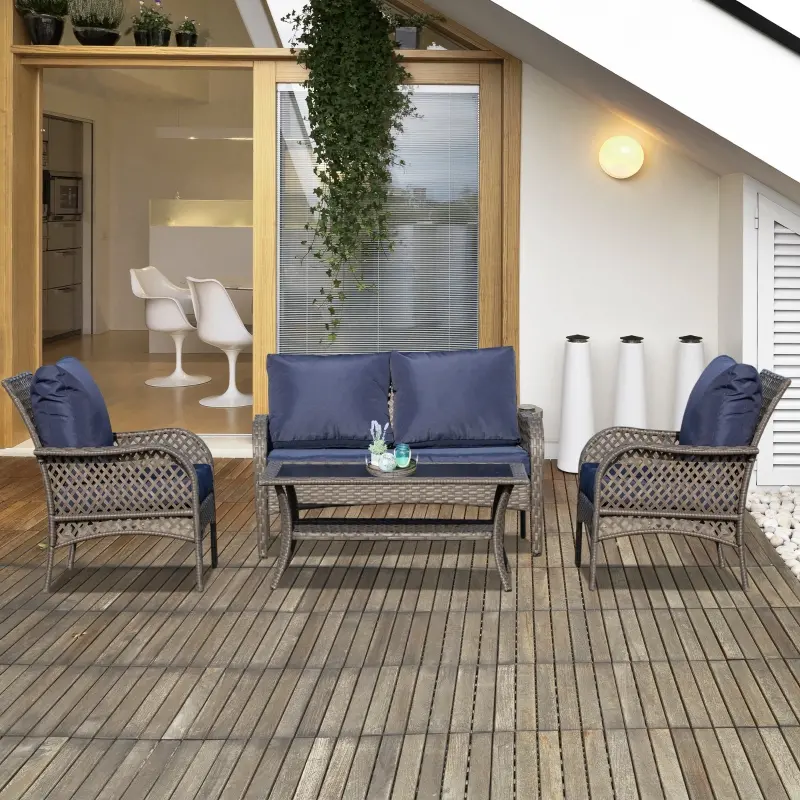 Outsunny 4-Piece Outdoor Wicker Sofa Set, Outdoor PE Rattan Conversation Furniture with 4 Chairs & Table, Water-Fighting Material, Blue