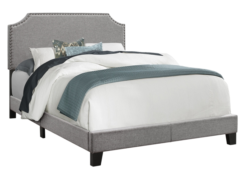 Monarch Full Size Contemporary Upholstered Bed Frame with Cutout Headboard, Chrome Nail Head Trim and Wood Legs - Grey Linen Look