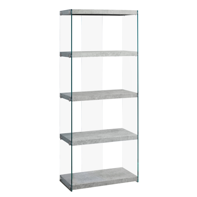 Monarch 59" Contemporary 5-Shelf Tempered Glass Base Display Bookcase - Grey Cement-Look Finish