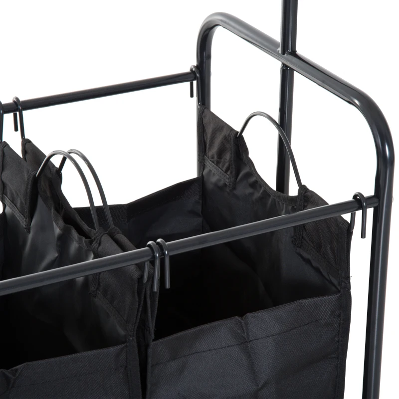 HomCom 3 Bag Heavy Duty Divided Laundry Hamper Sorter Cart With Wheels And Hanging Bar - Black